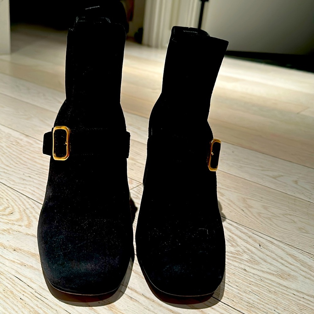 Black suede Prada block heel ankle boots